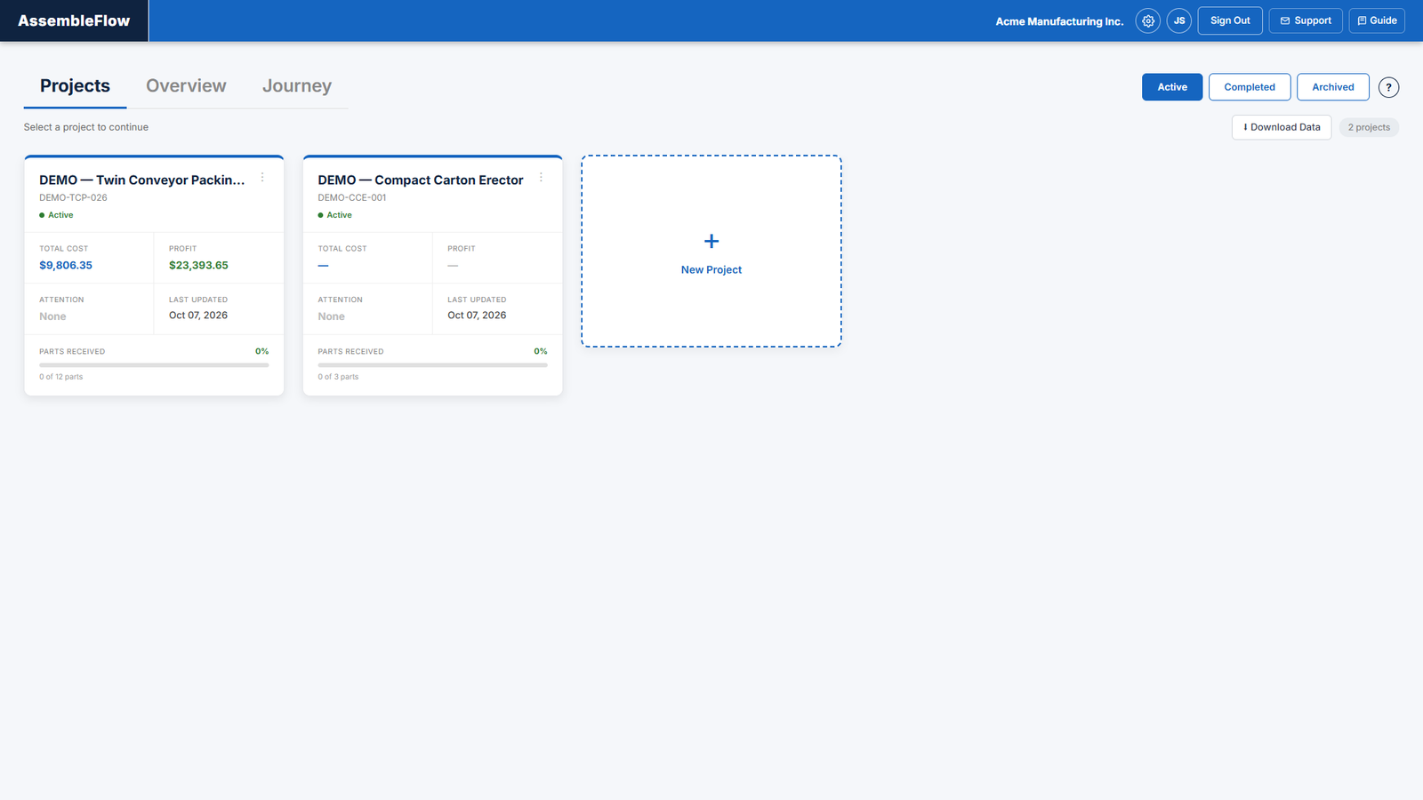 Projects screen of AssembleFlow showing a fictional machine build