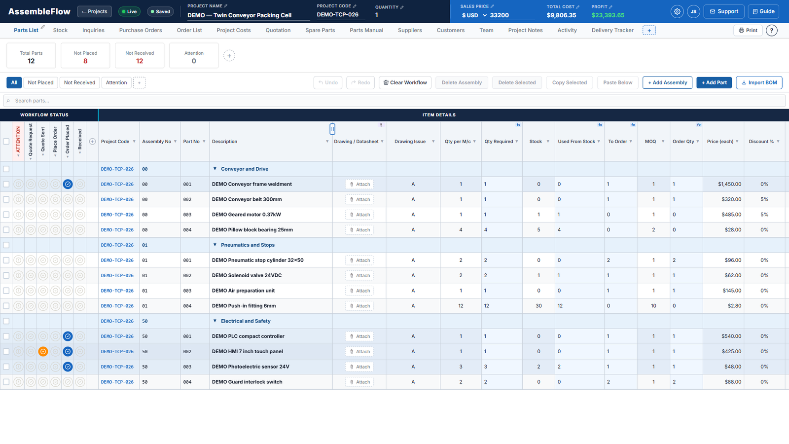 Parts list screen of AssembleFlow showing a fictional machine build