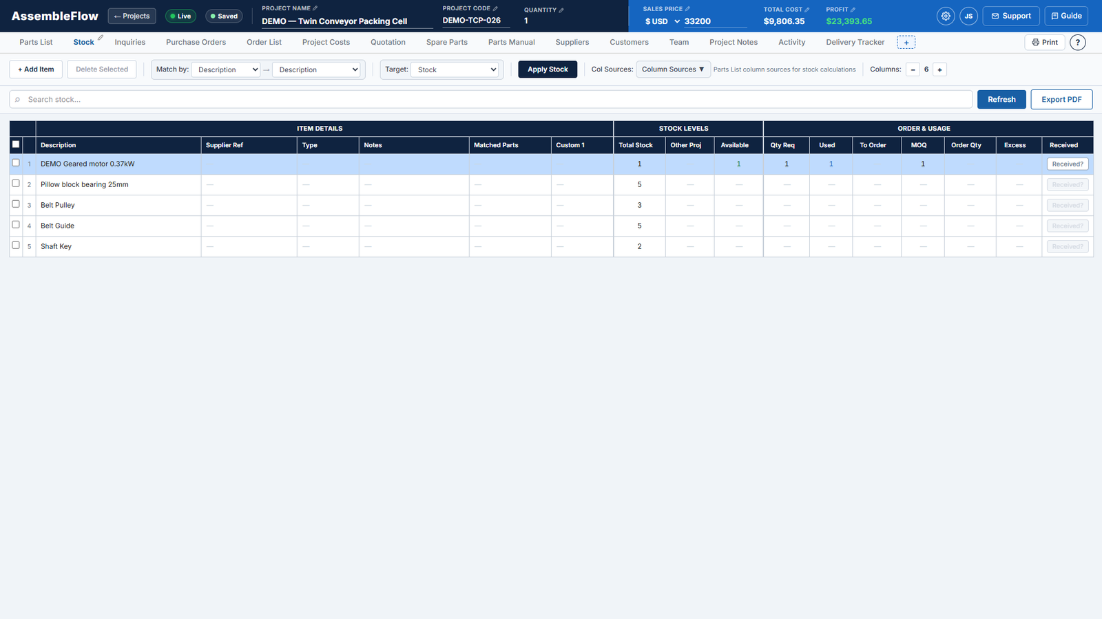 Stock screen of AssembleFlow showing a fictional machine build