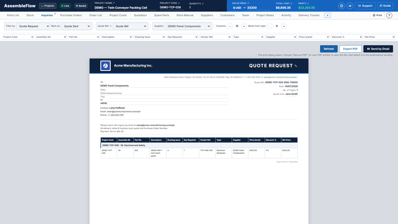 Inquiries screen of AssembleFlow showing a fictional machine build