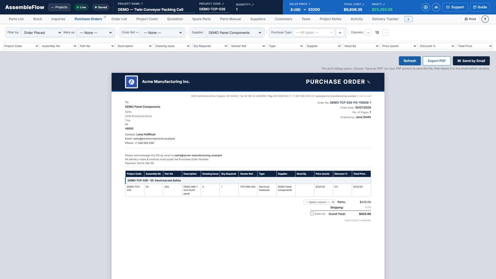 Purchase orders screen of AssembleFlow showing a fictional machine build