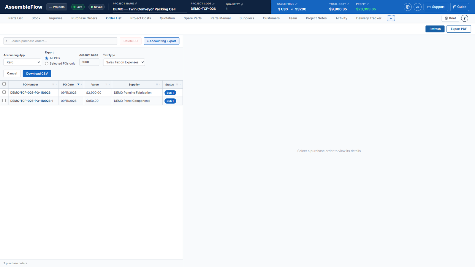 Order list screen of AssembleFlow showing a fictional machine build