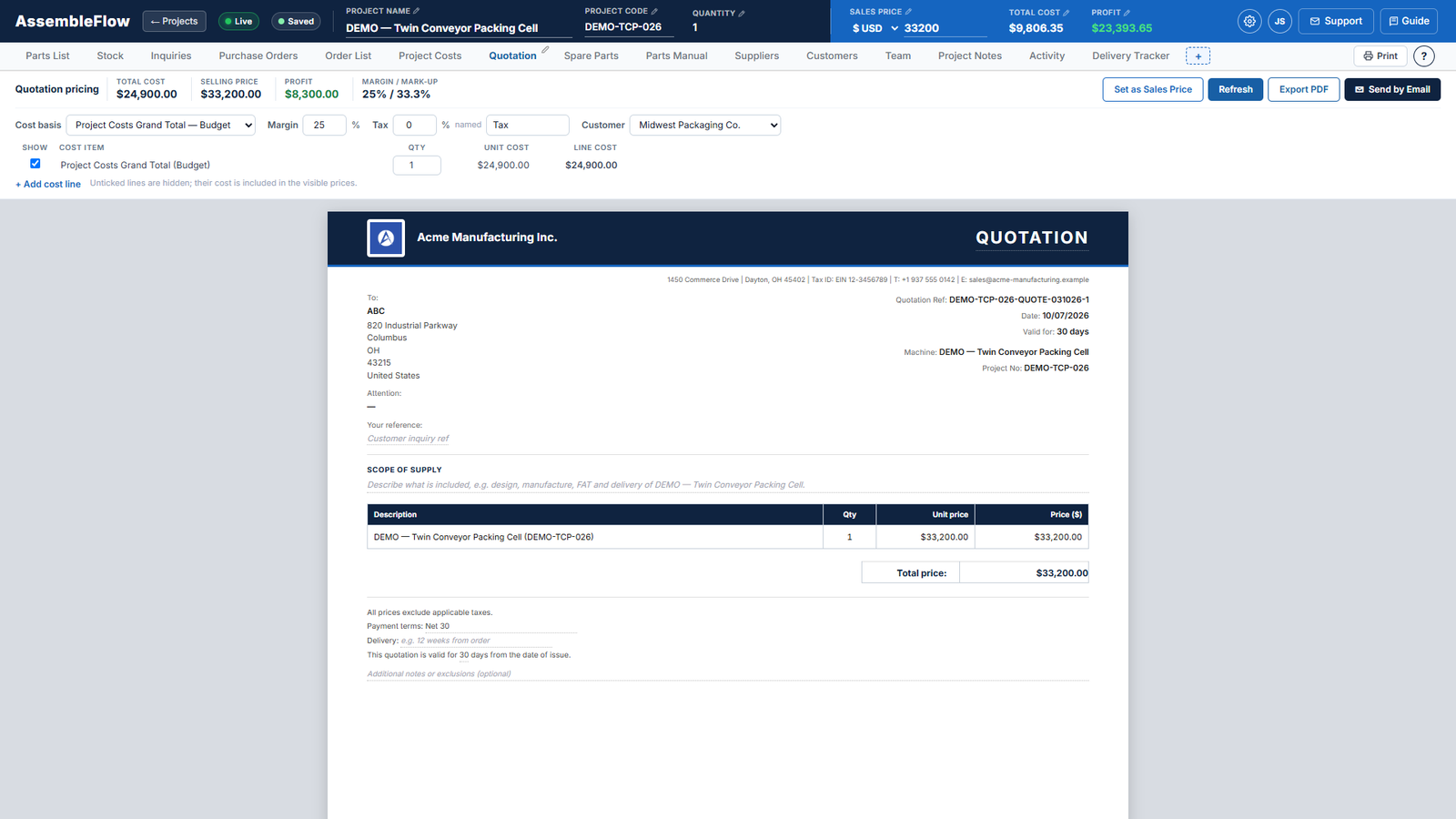 Quotation screen of AssembleFlow showing a fictional machine build