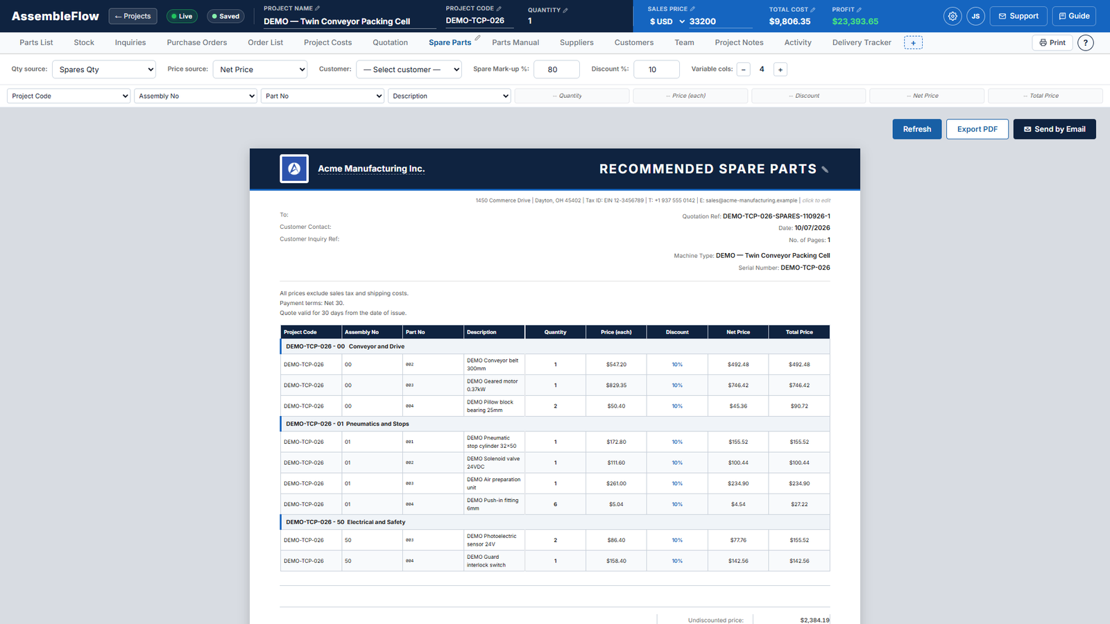 Spare parts screen of AssembleFlow showing a fictional machine build