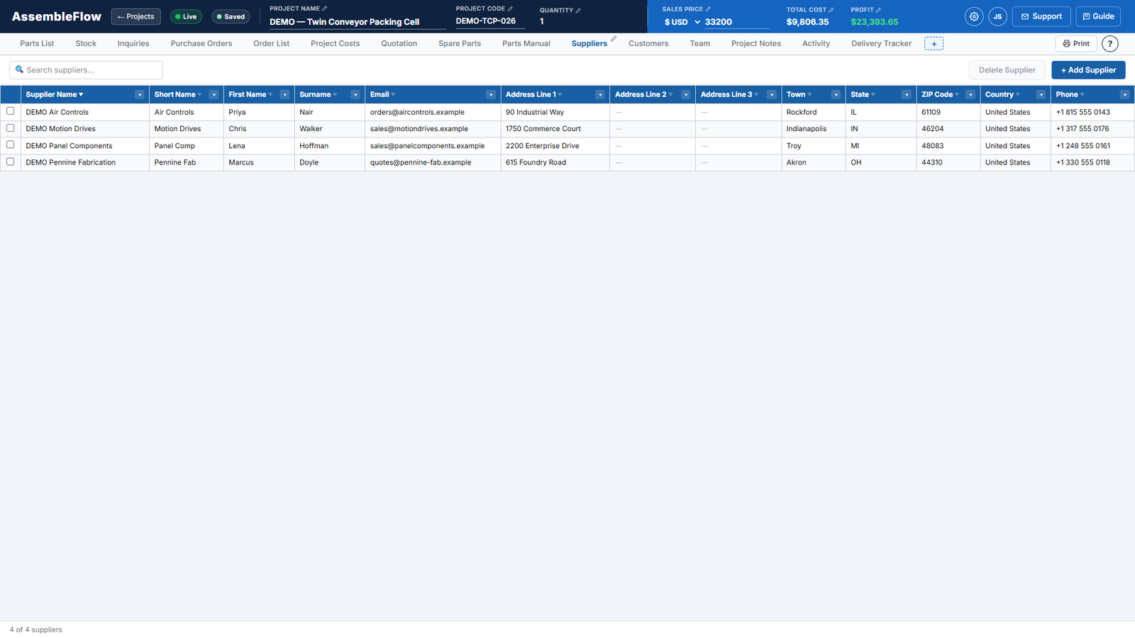 Suppliers screen of AssembleFlow showing a fictional machine build