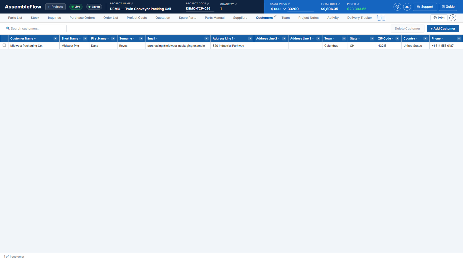 Customers screen of AssembleFlow showing a fictional machine build