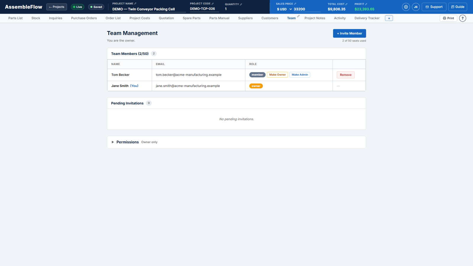 Team screen of AssembleFlow showing a fictional machine build