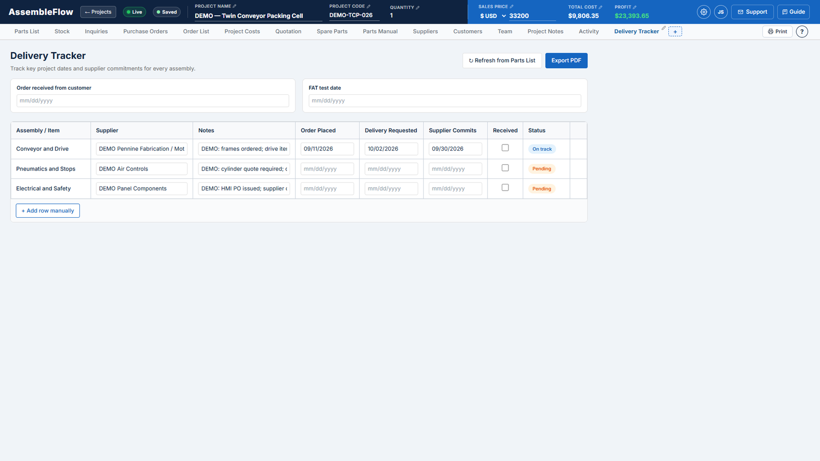 Delivery tracker screen of AssembleFlow showing a fictional machine build