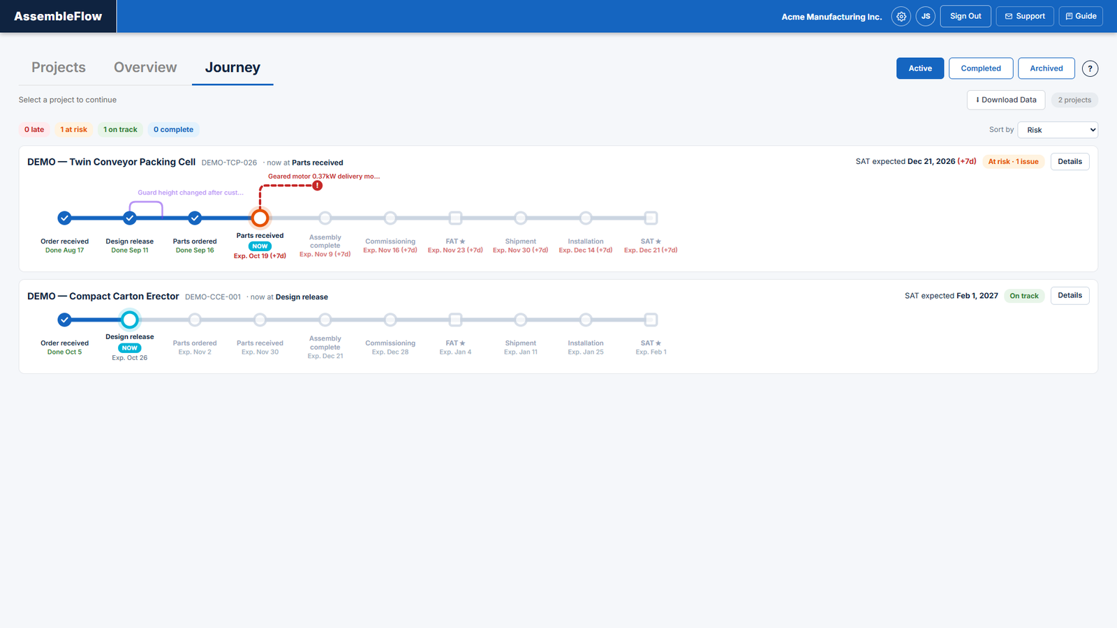 Journey screen of AssembleFlow showing a fictional machine build